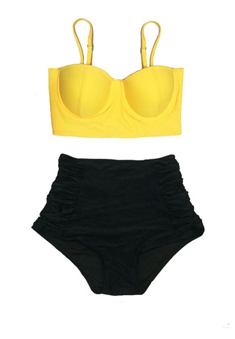 High Waisted Bikini Yellow Underwire Midkini Top And Black Ruched
