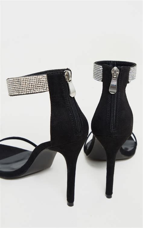 Plt Black Faux Suede Diamante Ankle Strappy Sandal Prettylittlething