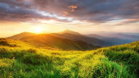 Wallpaper Nature Landscape Clouds Sunset Grass Sky Mist