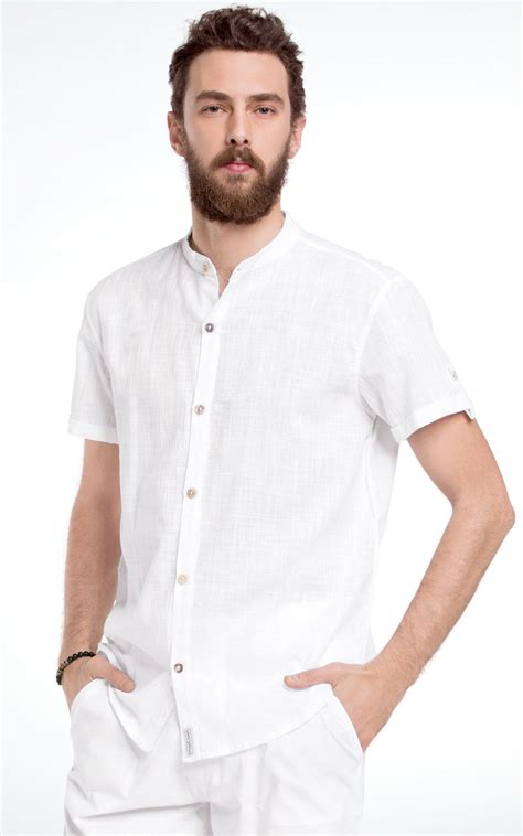 Mens Short Sleeve Mandarin Collar White Cotton Shirt Chinese Collar