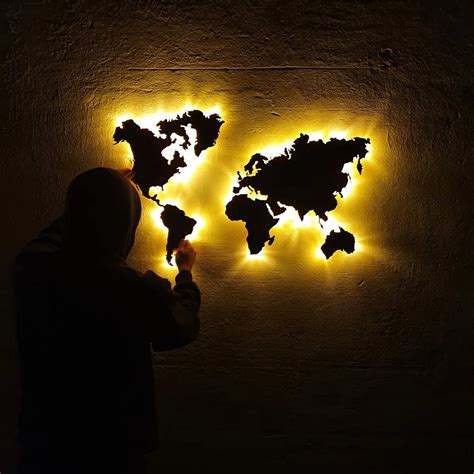 Led World Map Wood World Map Modern Home Decor Living Etsy