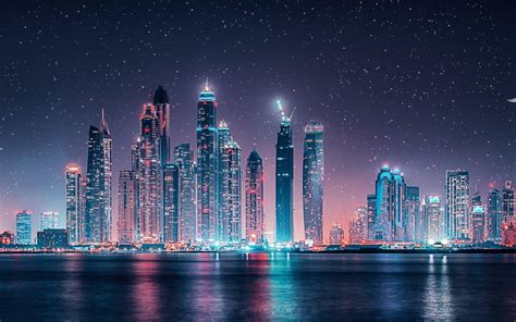 Dubai Skyline Starry Sky At Night Ultra Hd Wallpapers For