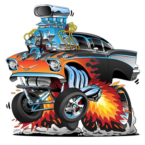 Classic Hot Rod 57 Gasser Drag Racing Muscle Car Cartoon