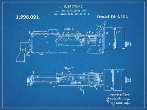 1916 Browning Automatic Machine Gun Blueprint Patent Print Drawing By