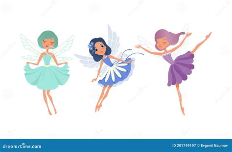 Cute Girl Fairies With Wings Set Adorable Girls Flying In Colorful
