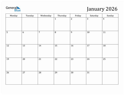 January 2026 Monthly Calendar