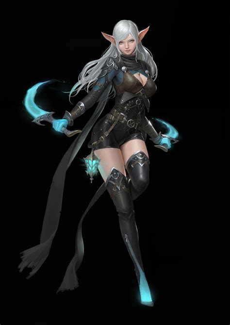 Long Hair Thigh Highs Drawing Blue Eyes Elves Weapon Dagger Black Background Armor
