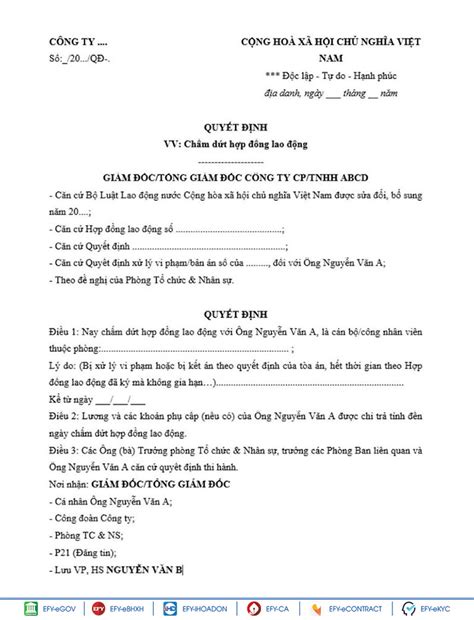 Mẫu Quyết định Chấm Dứt Hợp đồng Lao động Và Các Quy định Về Việc Chấm Dứt Hợp đồng