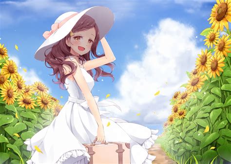 Wallpaper Anime Girl Summer Sunflowers Field Big Smile