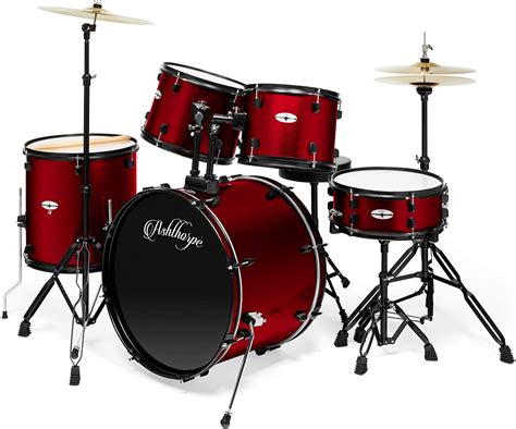 ashthorpe 5 piece complete full size adult drum set with remo batter heads red