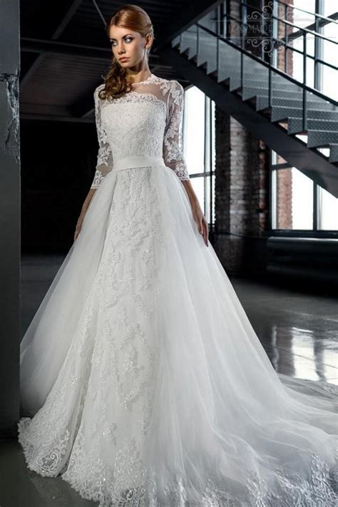 Long Sleeve Lace Aline Wedding Dress Ivory Satin Lace A Line Floor Length V Neck Wedding Dress