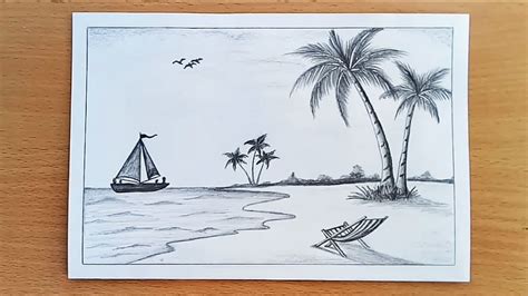 How To Draw Sea Beach Scenery With Pencil Sketch Step By Stepeasy