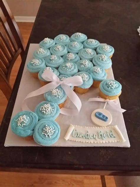 We're going to need a cupcake and two different shades of blue and a black pastry bag. Baby Shower Cupcakes | Baby shower cakes for boys, Baby ...
