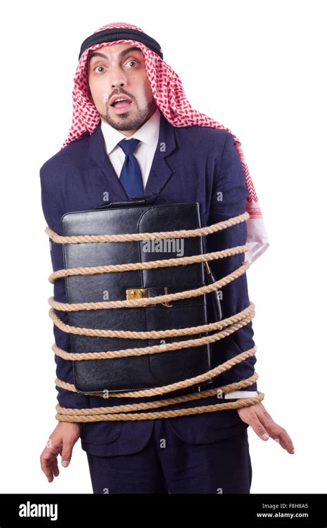 Arab Man Tied Up With Rope On White Stock Photo Alamy