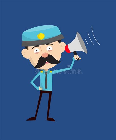 Funny Policeman Cop Standing With Loudhailer Stock Vector