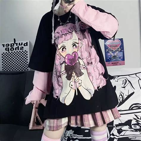 Cute Aesthetic Black Anime Girl Cartoon Print Long Sleeve Shirt