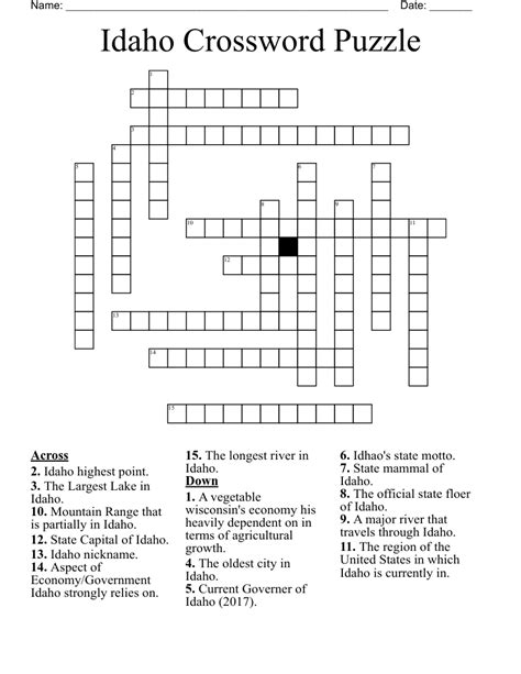 Idaho Crossword Puzzle Wordmint