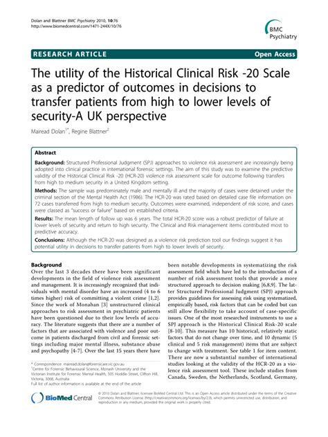 Pdf The Utility Of The Historical Clinical Risk 20 Scale As A