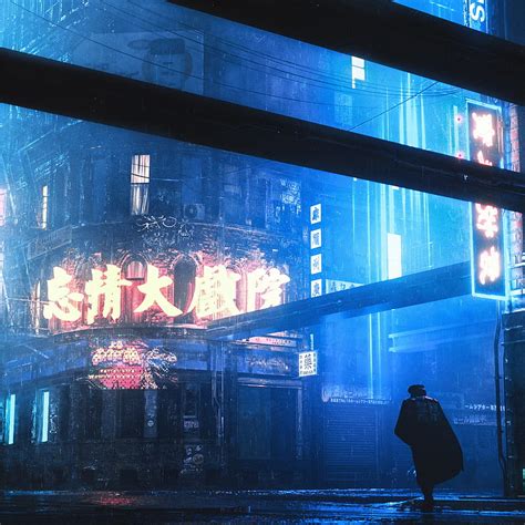 Neon City Man Walking Cape Raining Artwork Sci Fi Hd Phone
