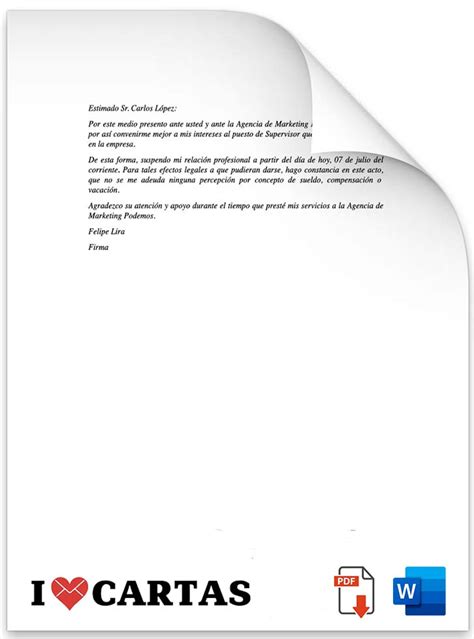 Carta Formal Para Renuncia Puesto De Trabajo Word Y Pdf