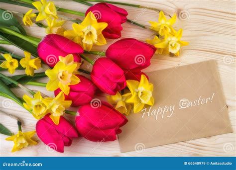Top View Red And Yellow Flowers Text Happy Easter Stock Image Image