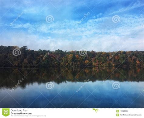 Blue Cloudy Skies Over The Lake With Reflections Of The Trees Stock