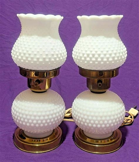 Pair Hobnail Milk Glass Boudoir Night Stand Lamps With Night Light Lighted Bases Ebay Milk
