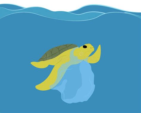 Marine Turtle Stuck In Plastic Bag Floating Among Other Plastic Trash
