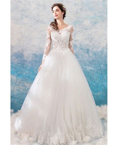Luxury Embroidery Lace Princess Tulle Wedding Dress With Long Sleeves