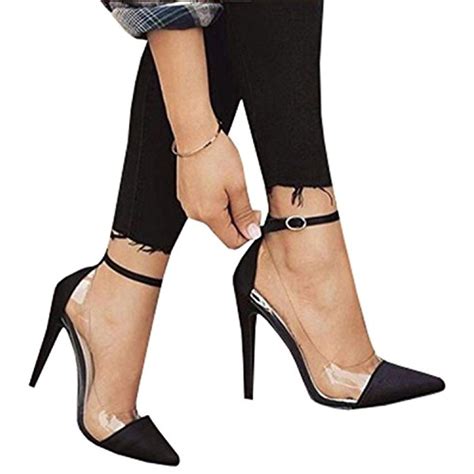 womens stilettos pointed toe high heel pumps ankle buckle strap clear party shoes for more