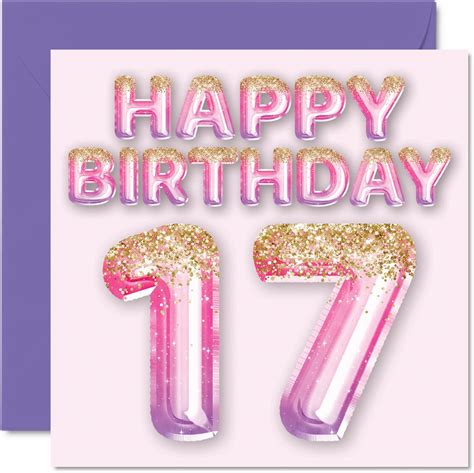 17th Birthday Card For Girls Pink And Purple Glitter Balloons Happy
