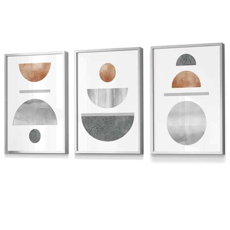 Copper And Grey Abstract Mid Century Geometric Set Of 3 Framed Wall Ar