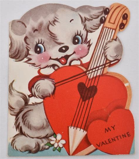 Cute Vintage 1940s Valentine Card Puppy Dog Playing Heart Cello Double