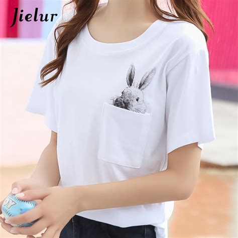 Jielur Harajuku Print Pocket Rabbit T Shirt Kawaii 2018 Summer T Shirt Women Brief Casual Female