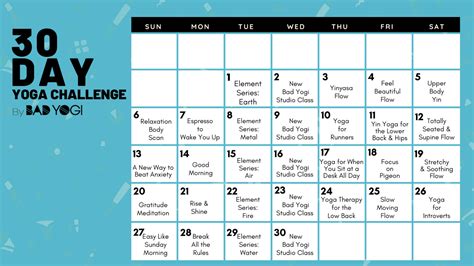 Bys 30 Day Yoga Challenge Calendar Bad Yogi