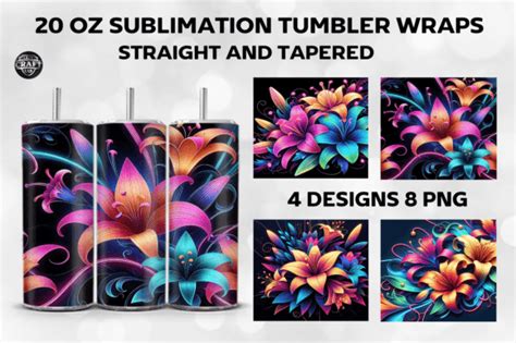 Neon Lilies 3D Flowers Tumbler Wrap 20oz Graphic By LazyCraftlab