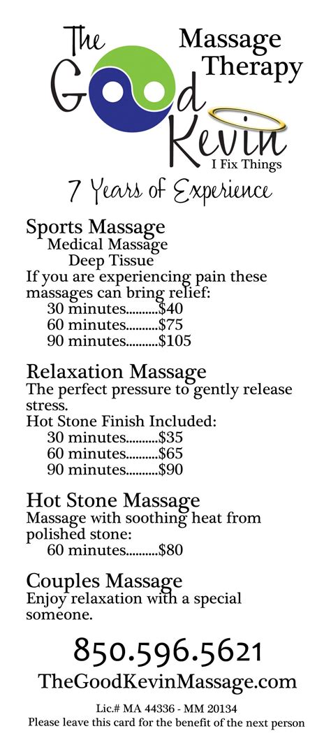 Rack Cards For The Good Kevin Massage Therapist Side 1 Massage Therapy Business Medical