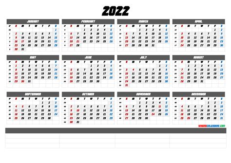 2022 Annual Calendar Printable 6 Templates