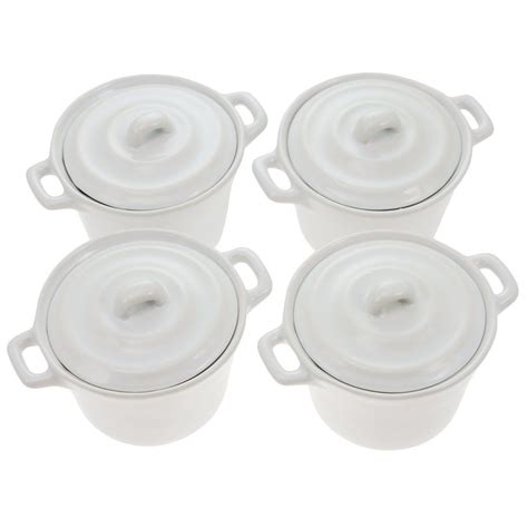 4 Ramekin Mini Casserole Dish Set W Lid White 4oz Oven Safe Ceramic Baking Pan Casseroles