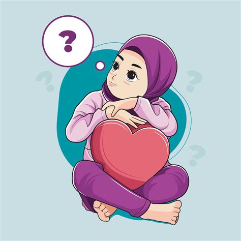 Cute Hijab Little Girl Thinking About Something Vector Illustration