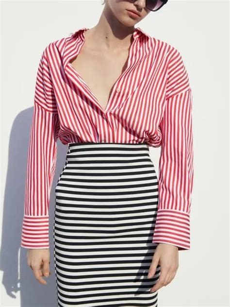Red Striped Womens Shirt Loose Poplin Shirts And Blouses For Women Chic Button Up Blouse Woman