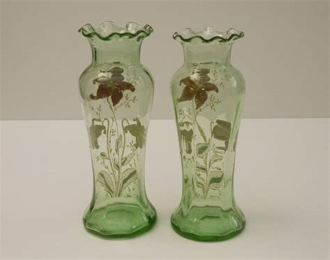 Art Nouveau Green Glass Vases Pair With Enamel Flowers