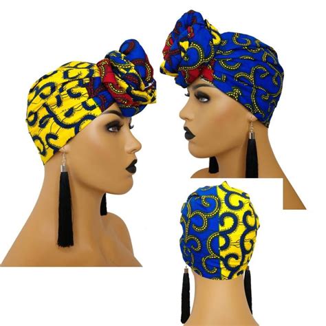 African Head Wraps For Women Royal Blue Red And Yellow Ankara Etsy Head Wraps For Women