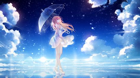 Anime 2560x1440 Anime Anime Girls Long Hair Green Eyes Umbrella Clouds