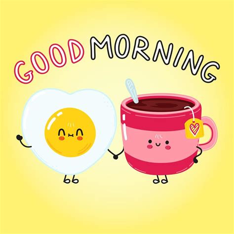 cute happy fried egg and coffee cup vector cartoon character illustration good morning card
