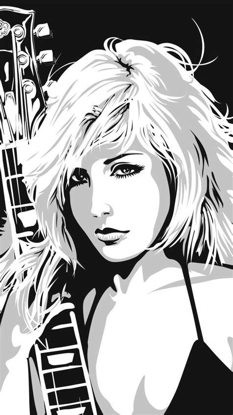 Black And White Drawing Of Guitar Girl Wallpaper For 1080x1920