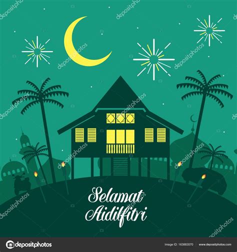 Hari Raya Aidilfitri Vector Illustration With Traditional Malay Village