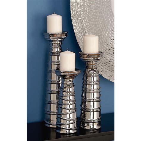 Contemporary Silver Finished Ceramic Candle Holders Set Of 3 71691