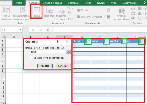 Excel Pestaña Insertar Autoincrementales