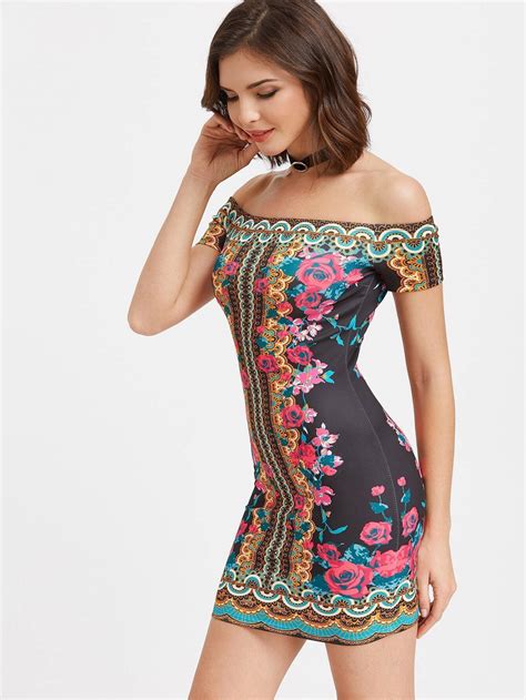 Floral Print Off The Shoulder Bodycon Dress Shein Sheinside